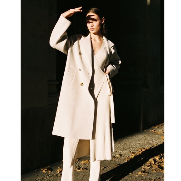 MANGO Oatmeal Neutral Cream Oversized Wool Coat Double Breasted Wool Trench Coat - Picture 6 of 17